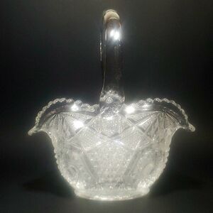 VINTAGE Hob Star Pattern Ruffled Edge Pressed Clear Glass Decorative Basket